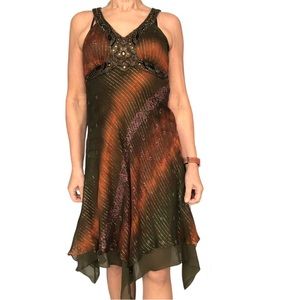 Sue Wong Beaded Strapped Bodice Dress in Moss Green Burnt Orange Gold Size 6